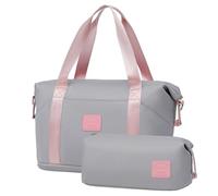 COOLIFE Travel Duffel Bag, Weekend Bags for Women with Trolley Sleeve and Toiletry Bag, Cabin Bag 40x20x25cm for Ryanair Airlines (Grey/Pink, 2 Piece Set)