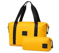 COOLIFE Travel Duffel Bag, Weekend Bags for Women with Trolley Sleeve and Toiletry Bag, Cabin Bag 40x20x25cm for Ryanair Airlines (Yellow/Black, 2 Piece Set)