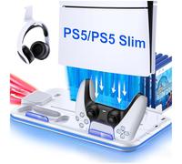 Cooling Station for PS5 / PS5 Slim Console, Dual Controllers Charger for PlayStation 5 Console, 3 Level Adjustable Fan Speed, Silent Cooling, LED Lighting,15 Game Slots,White
