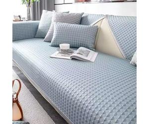 Cooling Summer Sofa Slipcover Ice Silk Washable Non-Slip Breathable Cushion Protector for Furniture 110x300cm Blue