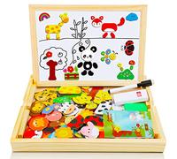 COOLJOY 100+ PCS Wooden Magnetic Puzzle, Magnetic Puzzle Board, Cute Pets Pattern Games Double Sided Jigsaw, Educational Drawing Easel Blackboard Wood Toys For Kids Up 3 Years Old Imagination