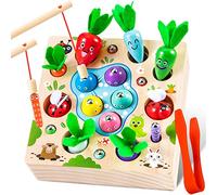 COOLJOY Wooden Fishing Game Toy | 4 In 1 Magnetic Montessori Toys for 2 Year Olds | Carrots Harvest Toy Shape Sorter | Toddler Educational Gift for 2 3 4 Year Olds Girls Boys
