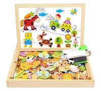 COOLJOY Wooden Magnetic Puzzle Jigsaw, Farm Animals Boards for Children, Double Sided Wooden Jigsaw, 100+ PCS Educational Drawing Blackboard Wood Toys For Kids Boys Girls 3 4 5 Years Old