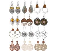 Coolkin 12 Pairs Boho Vintage Geometric Round Earrings, Wooden Leather, Ethnic Style, Sunflower, Christmas, Zinc, Dangle, Post, French Clip