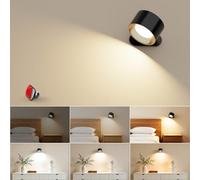 Coollamp LED Indoor Wall Lamp, 1 Pack Bedroom Wall Light with Warm/Natural/White Light, 3 Brightness Levels, Rechargeable Battery, Touch Control, 360° Rotate for Living Room Corridor Stairs, Black