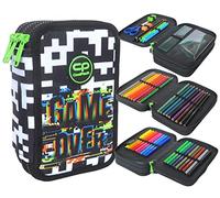 Coolpack XXL Pencil Case 3-Compartment School Pencil Case Triple Pencil Case for Boys Girls Game Over Pencil Case 44-Piece Filled Student Case 3-Tier White Pencil Case