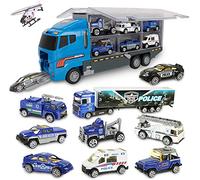 Coolplay 10 in 1 Die-cast Police Car Toy for Toddler, Mini Vehicles Rescue Truck Toy Set in Carrier Truck for Kids Boys Girls