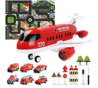 Coolplay Rescue Aiplane Toy Set Red Aircraft Mini Fire Truck Vehicles for Kids Gift Little Car Toy with Road Signs for Toddler 3 Years Old
