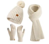 Coolprince Women Winter Hat Long Scarf Touch Screen Gloves Set Fleece Lining Warm Knitted Hat with Pom Pom, Oatmeal, One Size