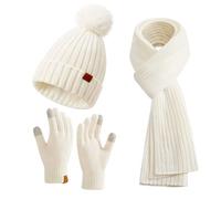 Coolprince Women Winter Hat Long Scarf Touch Screen Gloves Set Fleece Lining Warm Knitted Hat with Pom Pom, White/Opulent Garden, One Size