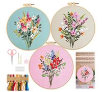 CoolQi 3 Pack Embroidery Kit for Adults Beginners, Flower Embroidery Kits for Adults, DIY Stitch Craft Set for Women & Teens with Pattern Fabric, Hoop, Thread & Needles, Paper & Video Instructions
