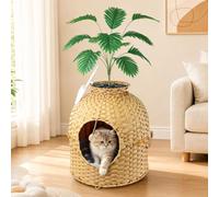 Coolsheepsia Cat Litter Box Enclosure Furniture with Faux Plant, Natural | Handwoven PE Rattan, Includes Scoop, Sisal Ball &Real Stone Accents,Decorative Litter Box for Living Room&Bedroom,20x 24Inchs