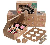 Coolty 20pcs Cupcake Boxes 6 Holes Cardboard Packaging Boxes Bakery Pastry Boxes with Window and Inserts for Cookies Muffins Cupcakes Desserts Pies (6 Holes-Brown Christmas Type)