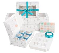 Coolty 20pcs Cupcake Boxes 6 Holes Cardboard Packaging Boxes with 1 Roll Wrapping Ribbon and 2pcs Thankyou Stickers for Bakery Pastry Cookies Muffins Cupcakes Desserts Pies (Marble White)