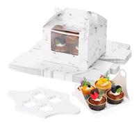 Coolty 25pcs Cupcake Boxes 4 Holes Cardboard Packaging Boxes Bakery Pastry Boxes with Handle for Cookies Muffins Cupcakes Desserts Pies (Marble White)