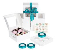 Coolty 30pcs Cupcake Boxes 4 Holes Muffins Desserts Cake Box with 3 Roll Wrapping Ribbon and 2pcs Stickers for Cookies Muffins Cupcakes Desserts Pies (White)