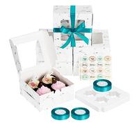 Coolty 30pcs Cupcake Boxes 4 Holes Muffins Desserts Cake Box with 3 Roll Wrapping Ribbon and 2pcs Stickers for Cookies Muffins Cupcakes Desserts Pies (Marble White)