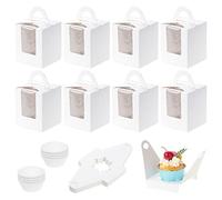 Coolty 50pcs Cupcake Boxes 1 Hole Cardboard Packaging Boxes Bakery Pastry Boxes with Handle, Window and Inserts for Cookies Muffins Cupcakes Desserts Pies (White)