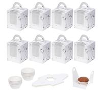 Coolty 50pcs Cupcake Boxes 1 Hole Cardboard Packaging Boxes Bakery Pastry Boxes with Handle, Window and Inserts for Cookies Muffins Cupcakes Desserts Pies (Marble White)