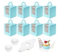 Coolty 50pcs Cupcake Boxes 1 Holes Cardboard Packaging Boxes Bakery Pastry Boxes with Handle Window and Inserts for Cookies Muffins Cupcakes Desserts Pies (Blue)
