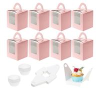 Coolty 50pcs Cupcake Boxes 1 Holes Cardboard Packaging Boxes Bakery Pastry Boxes with Handle Window and Inserts for Cookies Muffins Cupcakes Desserts Pies (Pink)