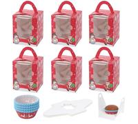 Coolty 50pcs Cupcake Boxes 1 Holes Cardboard Packaging Boxes Bakery Pastry Boxes with Handle Window and Inserts for Cookies Muffins Cupcakes Desserts Pies (Red Christmas Style)
