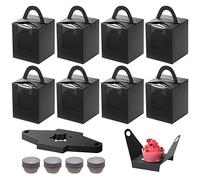 Coolty 50pcs Cupcake Boxes 1 Holes Cardboard Packaging Boxes Bakery Pastry Boxes with Handle Window and Inserts for Cookies Muffins Cupcakes Desserts Pies (Black)