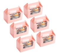 Coolty 50pcs Cupcake Boxes 2 Holes Cardboard Packaging Boxes Bakery Pastry Boxes with Handle for Cookies Muffins Cupcakes Desserts Pies (Pink)