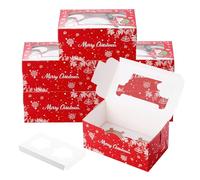 Coolty 50pcs Cupcake Boxes 2 Holes Cardboard Packaging Boxes Bakery Pastry Boxes with Window and Inserts for Cookies Muffins Cupcakes Desserts Pies (2 Holes-Red Christmas Type)