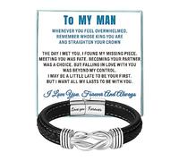 Coolvy To My Man Straighten Your Crown Bracelet for Husband Boyfriend Mens Braided Leather Bracelets Valentine Birthday Christmas Gifts for Him, 9inch, Leather, no gemstone