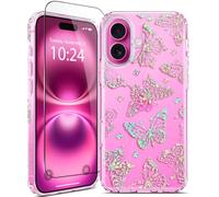 Coolwee for iPhone 16 Case, with Screen Protector, Cute for Women Girls, 10FT Military Grade Protective Cover for iPhone 16 Phone Case Sparkle Crystal Butterfly Bling, Clear Glitter