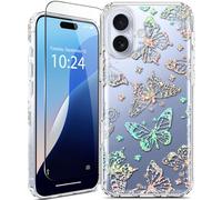 Coolwee Iridescent Clear Glitter for iPhone 2025 Case with Screen Protector, Slim Cute Girls Women, 10FT Military Grade Protective Cover for iPhone 2025 Phone Case Sparkle Crystal Butterfly Bling