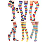 Coolwife 6 Pairs Over Knee High Socks, Rainbow Stripes, Halloween and Christmas Thigh High Stockings (A Lengthen Rainbow)