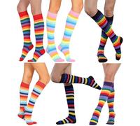 Coolwife 6 Pairs Over Knee High Socks, Rainbow Stripes, Halloween and Christmas Thigh High Stockings (Knee High Rainbow)