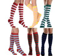 Coolwife 6 Pairs Over Knee High Socks, Rainbow Stripes, Halloween and Christmas Thigh High Stockings (UK, Alpha, One Size, Regular, Regular, Knee High Striped)