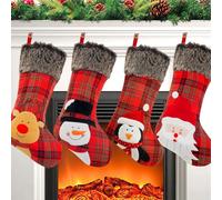 COOLWUFAN Christmas Stocking, 4 Pack 18 inch Xmas Stockings wiht Snowflake Santa Snowman Reindeer and Plush Faux Fur Cuff Family Pack Stockings for Xmas Holiday Family Party Decorations,Red