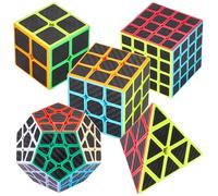 Coolzon Speed Cube Set 5 Pack Magic Puzzle Cubes Pyraminx Pyramid Age 3+ + Megaminx + 2x2x2 + 3x3x3 + 4x4x4 Cube Toys with Carbon Fiber Sticker for Kids Adults
