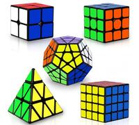 Coolzon Speed Cube Set 5 Pack Magic Puzzle Cubes Pyraminx Pyramid + Megaminx + 2x2x2 + 3x3x3 + 4x4x4 Cube Toys with PVC Stikers for Kids Adults