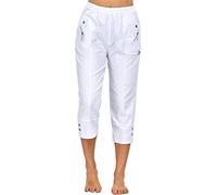 Coombb® Womens Capri Trousers Ladies Cherry Berry Plain Cropped 3/4 Quarter Length Trouser Stretch Fit Elasticated Waist Summer Short Pants Plus Size UK 8-24 White