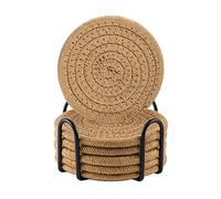 Coomin Coasters for Drinks with Holder, Vintage Woven Coasters for Table Protection, Water Absorbent Coaster Set, Handmade Braided Fabric Coasters Heat-Resistant (Brown, 6), 7-25-1