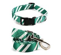 Coomour 2PCS Halloween Dog Collar Pet Wizard School Printing Adjustable Collars with Cute Cat Leash for Pets Dogs Small Medium Large (Green,Small)