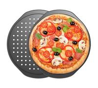 COONE 2-Pack 13 Inch Perforated Pizza Trays for Oven, Non-Stick Carbon Steel Baking Pans with Handles, Crispy Crust Pizza Plates for Homemade, Frozen & Reheating, Dishwasher Safe (Round, Black)