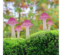 coonoe Mini Mushroom Figurines, Tiny Mushrooms Miniature Mushrooms Fairy Garden Accessories Terrarium Decor Micro Resin Mushroom Fairy Garden Decor Mushrooms with Stakes Translucent Pink 5PCs
