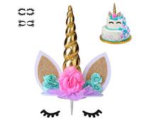 COONOE, Unicorn Cake Topper,Handmade Party Cake Decoration Supplies with multiple Eyelashes,Reuasble Gold Horn for Birthday Party,Baby Shower&Wedding