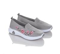 Coopers of Stortford - Embroidered Fly Knit Shoes - Breathable & Lightweight - Floral Design - Cushioned Comfort - Removable Insoles - Non-Slip Sole Grey