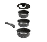 Coopers of Stortford - Nesto Set of Three Space Saving Saucepans - Nesting Aluminium Pans with Universal Lid and Removable Handle