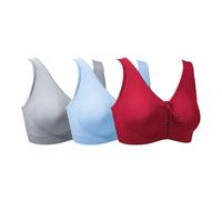 Coopers of Stortford - Pack of 3 Comfy Front Zip Bras for Women - Seamless Everyday Support - No Underwire, Easy Fastening, Machine Washable - Burgundy, Pale Blue and Grey - L(18-20)