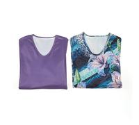 Coopers of Stortford - Pack of Two Lily Print and Plain V Neck T Shirts - Womens Jersey Tops with Three Quarter Sleeves (UK, Alpha, M, Regular, Regular) Blue