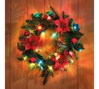 Coopers of Stortford - Poinsettia & Bauble Christmas Wreath with Colour-Changing LED Lights, Faux Holly, Evergreen and Baubles, Indoor or Outdoor Battery-Operated Decoration 40cm