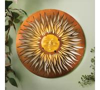 Coopers of Stortford - Solar Sun Wall Art - Dazzling Silver & Gold Tones by Day - Soft Celestial Glow by Night - Mounts on Wall, Fence or Shed - Integral Hanging Hook - Dia. 41cm